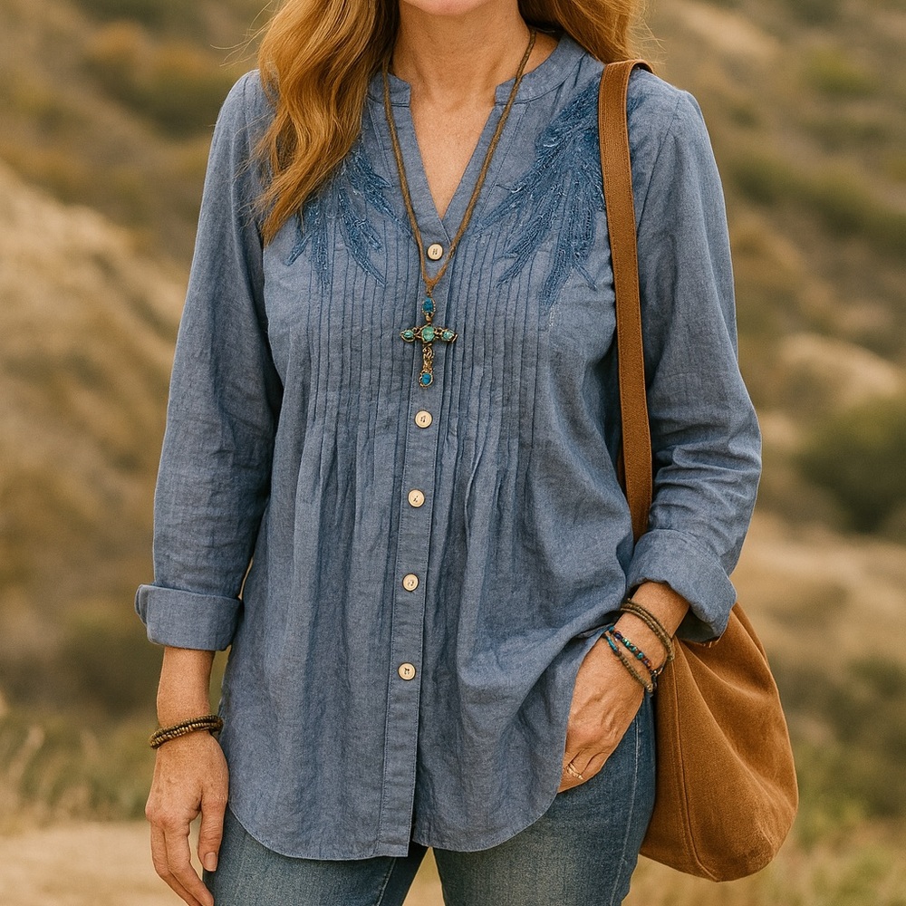 Reba Blue Button-Down Embroidered Pintuck Shirt
